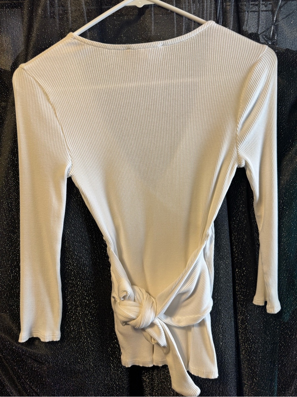 Express Cream Ribbed Wrap-Style Long Sleeve Top - Picture 2 of 5